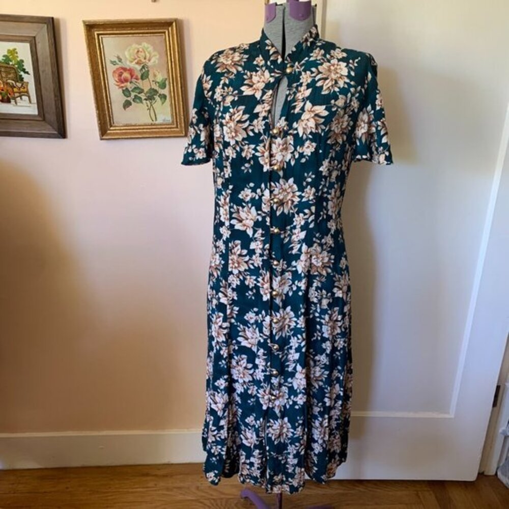 CW Rose Petites Floral Midi Dress Teal Green Rayon Button Front Lace Up Back 10P
